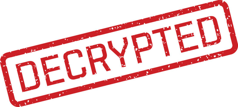 A red rubber stamp with a grunge effect clearly displaying the word DECRYPTED on a plain white background