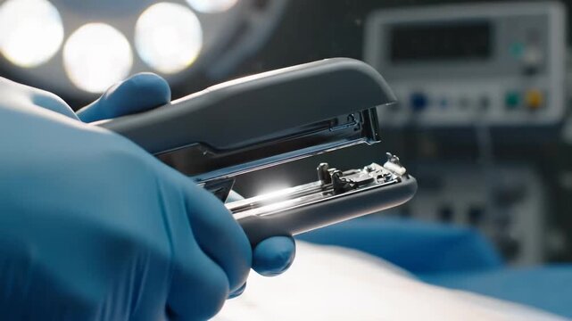 Medical Stapler Under Surgical Lights, Close-up of Surgical Procedure in a Hospital Setting