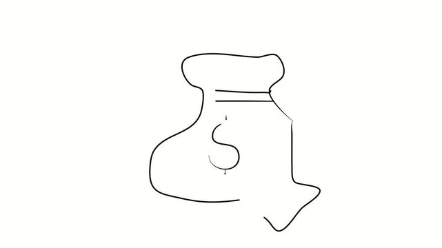Decrease in income, decrease in money, economic decline, money bag, finances, budget. Contour drawing, silhouett animation. Continuous line. Isolated on white. Video 4k object illustration self-drawin