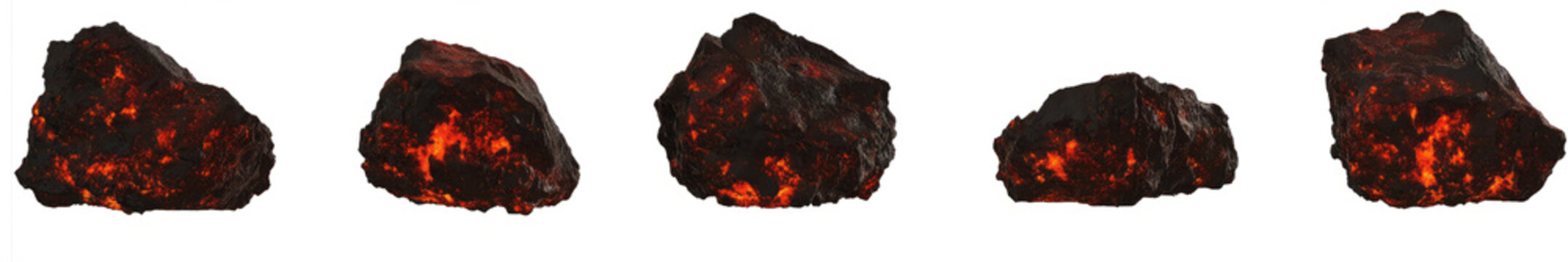 volcanic rock formations, each glowing with internal heat, are presented against a transparent backdrop
