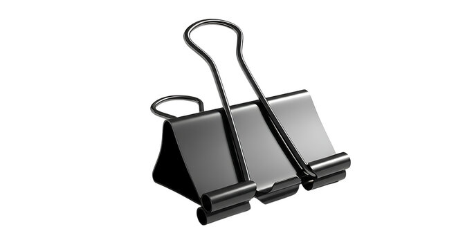 Metal foldback clip for office documents isolated on transparent background.