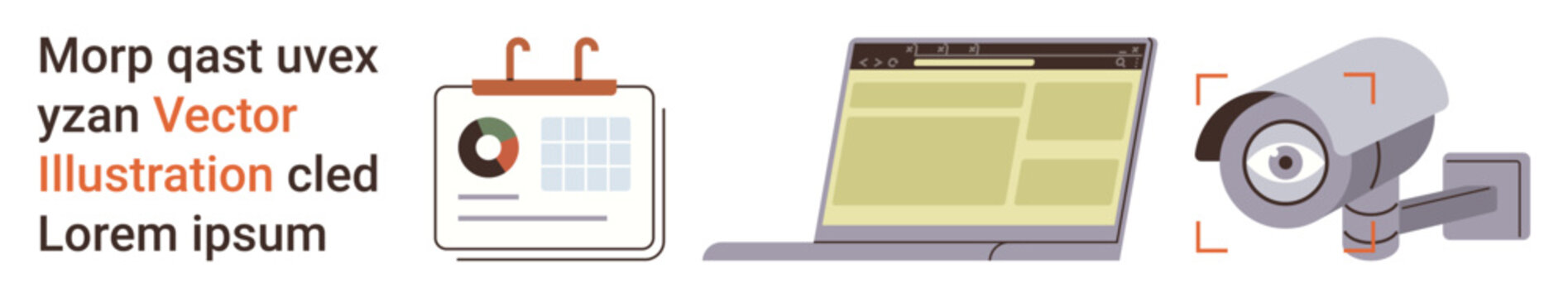 Project management, security, technology, planning, digital workflows, monitoring. Calendar with chart, laptop screen security camera. Project management and security-related