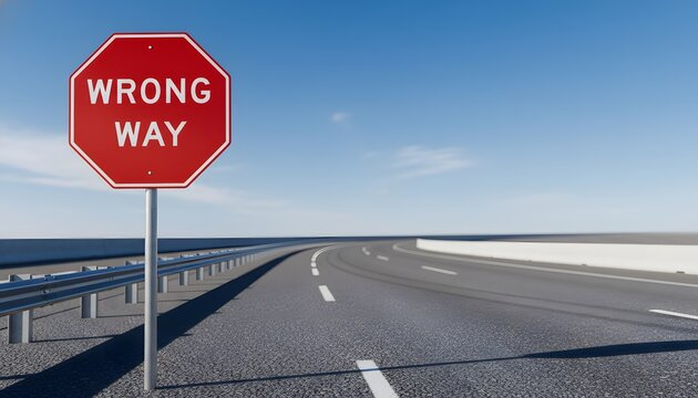Red wrong way warning sign stands beside a curving asphalt road under a clear blue sky, illustrating a mistake, error, or dangerous direction decision concept for navigation