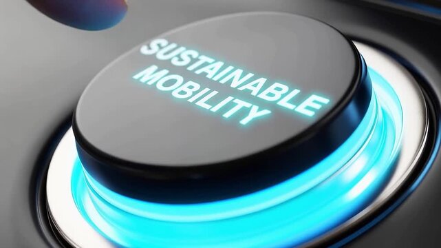 Close-up of a finger about to press a button labeled 'Sustainable Mobility' with blue lighting.