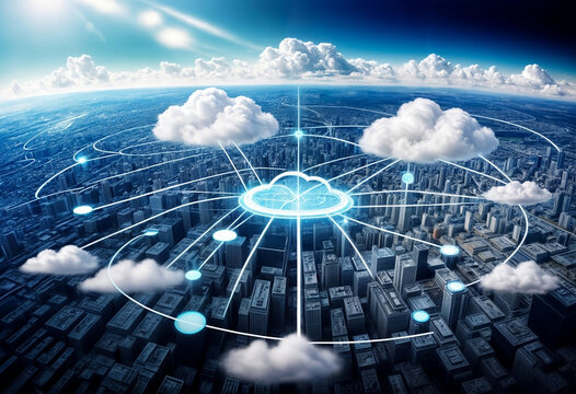 cloud computing and digital data transfer with computing networked across cities country and globe with virtualization approach. created with generative ai
