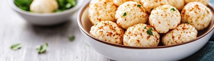 Fototapeta premium Bright close-up of seasoned cauliflower florets in a rustic white bowl, garnished with paprika and fresh herbs. Appetizing, healthy vegan snack or side dish on a wooden table.