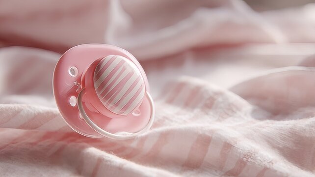Close up of a pink baby pacifier with white stripes, 