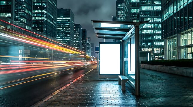 Modern bus stop billboard with blank white screen at night urban street with motion blurred car lights and skyscrapers, advertising space for commercial message.