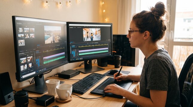 A woman works on video editing software on two computer monitors