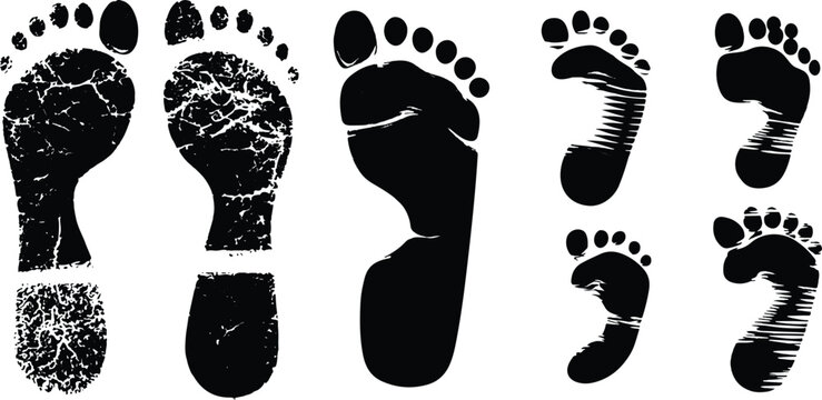 Collection of detailed bare human footprints and feet step stamps in various textures vector illustration.