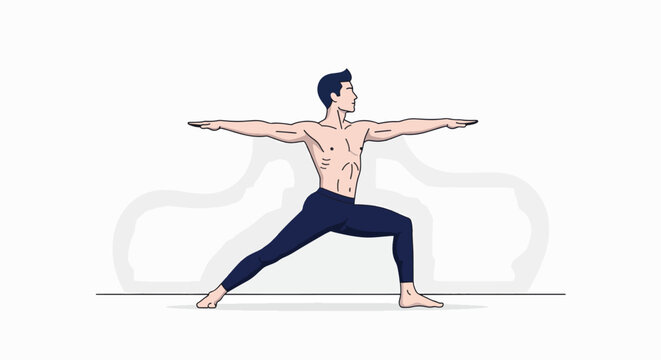 A man in a warrior yoga pose with arms outstretched and legs apart on a mat against a white background.