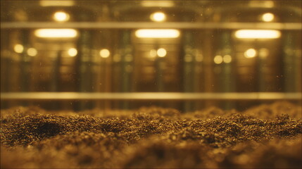 Fototapeta premium Golden grains filling a large industrial storage facility, reflecting warm light from overhead lamps as dust particles float in the air, creating an atmosphere of farming and abundance