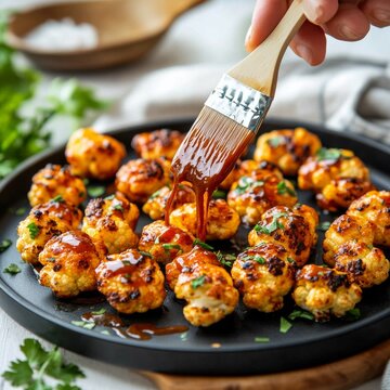 Close-up of a hand using a brush to baste golden-brown roasted cauliflower florets with a rich, glossy BBQ sauce on a dark plate. Perfect vegan appetizer or healthy finger food.,
