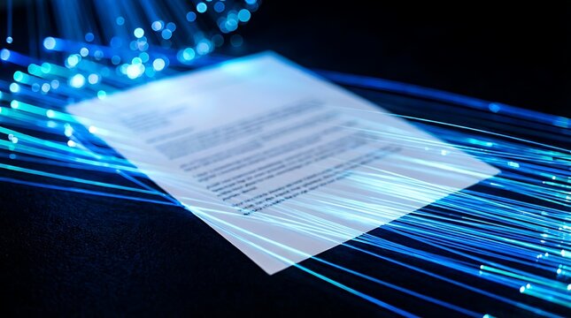 Close-up of a luminous document with script text surrounded by vibrant blue fiber optic strands creating a futuristic vibe.