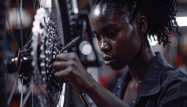 Mechanic working on bicycle rear wheel cassette and chain inside professional repair workshop with focused expression and tools