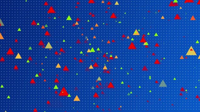 Abstract colorful triangle motion background on blue grid, Geometric digital pattern animation