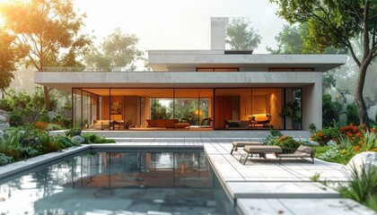 Fototapeta premium Luxurious modern flat roof house with expansive glass windows and swimming pool surrounded by a misty forest landscape