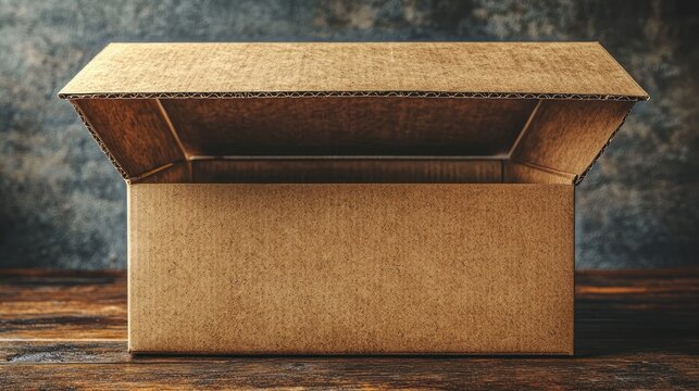 Open cardboard box on wood, textured background; packaging, delivery concept