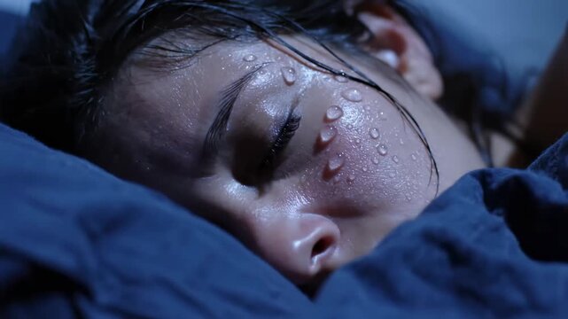 Nightmare's Visage: Woman's Face Drenched With Sweat In Deep Sleep or Mental Anguish