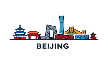 Naklejka premium Beijing China Skyline Illustration, Forbidden City Temple of Heaven and Modern Landmarks, Colorful Asian Capital Travel Vector