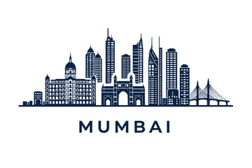 Naklejka premium Mumbai Skyline Illustration, Minimalist Blue Cityscape Poster with Indian Landmarks