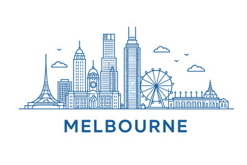 Obraz premium Melbourne Skyline Line Illustration with Name, Minimal Outline Cityscape on White Background