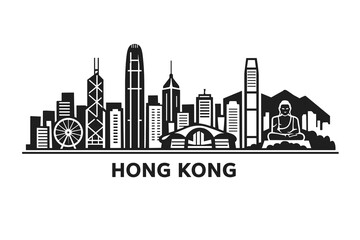 Obraz premium Hong Kong Skyline Silhouette with Name, Minimal Black Cityscape with Landmarks on White Background