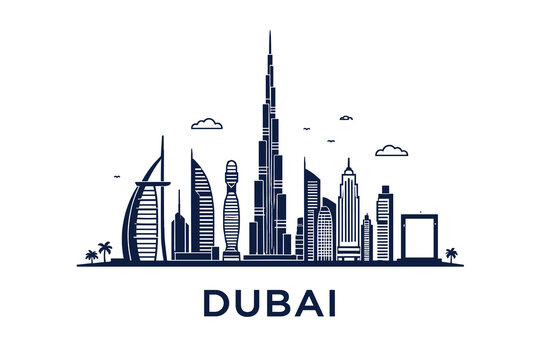 Dubai UAE Skyline Detailed Line Illustration, Burj Khalifa Burj Al Arab and Modern Skyscrapers, Futuristic Luxury City Vector
