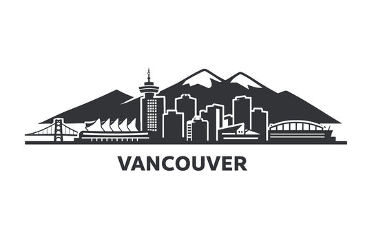 Vancouver Skyline Silhouette with Name, Minimal Black Cityscape with Mountains on White Background