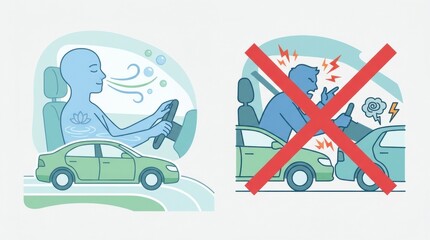 Fototapeta premium Road Safety Themes Show Calm Driver Relaxing While Another Driver Shows Stress and Frustration in Traffic Situations