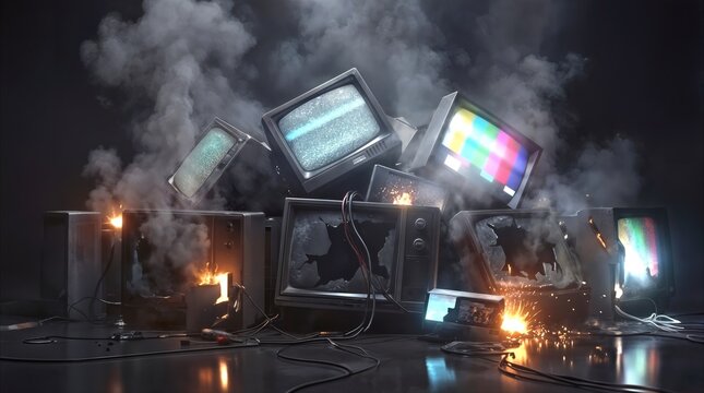 Broken vintage televisions emitting smoke and sparks in dark room. Electronic waste and hardware failure concept.