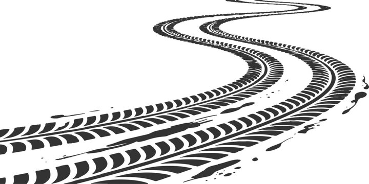 Curved grunge tire tracks winding along a path abstract transportation element vector illustration design.