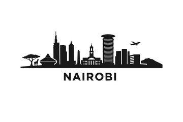 Fototapeta premium Nairobi Kenya Skyline Silhouette, African Cityscape with Safari Elements and Modern Architecture, Minimal Black Travel Vector