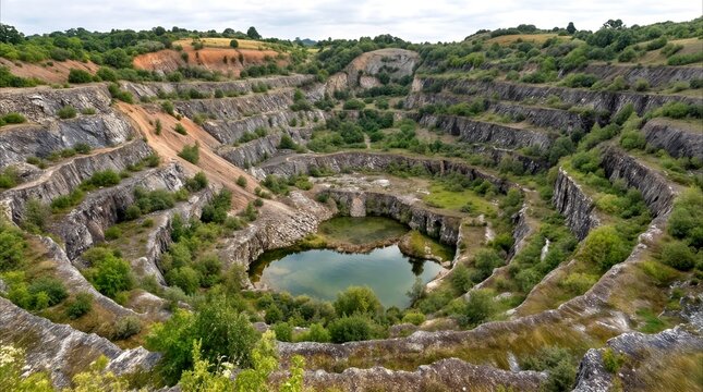 Abandoned open-pit quarry with terraced rock walls and small lake at the bottom. Reclaimed industrial site surrounded by green vegetation.