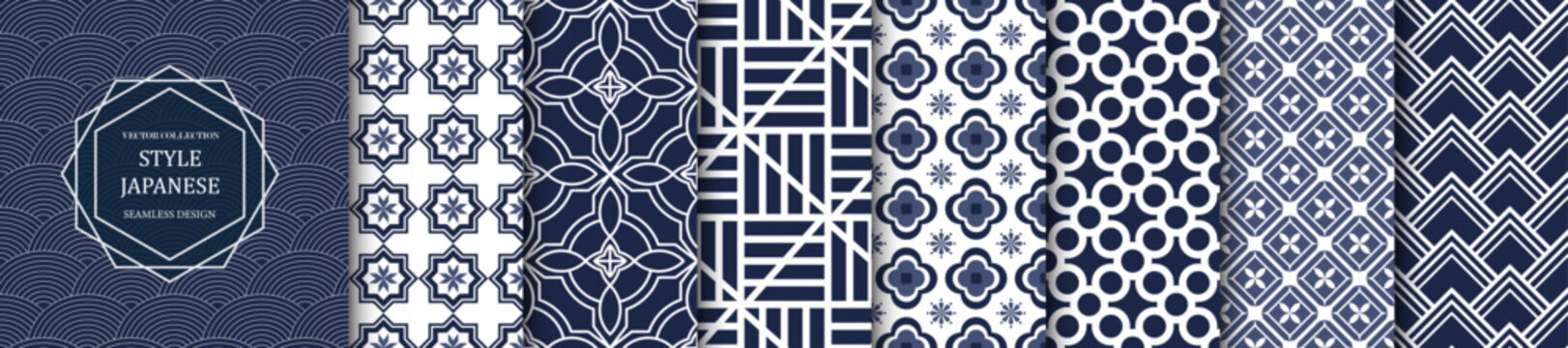 Collection of blue Japanese seamless patterns. Traditional geometric elegant ornament backgrounds in Asian vector style. Decorative endless tile mosaic prints