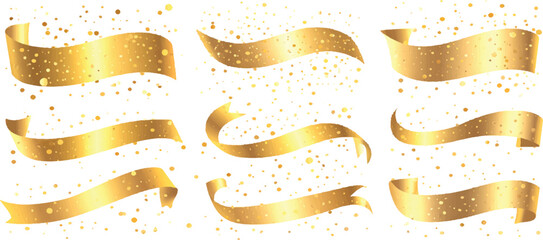 Golden curling party ribbons and confetti falling on white background festive celebration vector illustration. © Song Long