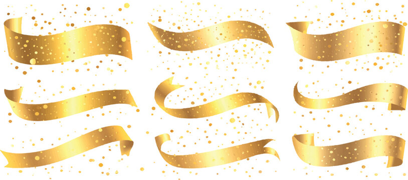 Golden curling party ribbons and confetti falling on white background festive celebration vector illustration.