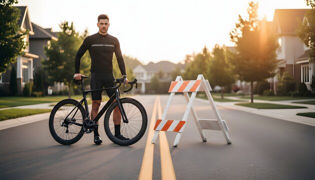 Cyclist standing near detour barrier on a suburban road at sunset, representing a life path obstacle and changing direction concept in golden hour lighting