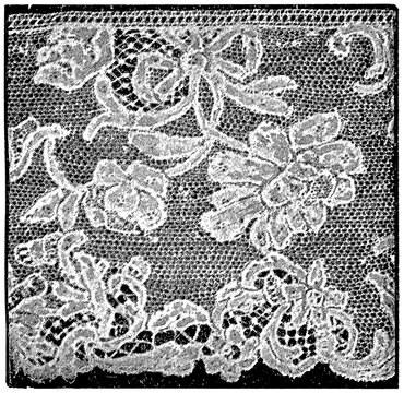 Handmade lace. Needle Lace (Alencon), 18th Century. Publication of the "Brockhaus Encyclopedia", Vol. 14, Leipzig, Germany, circa 1900.