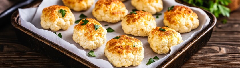 Fototapeta premium Crispy Golden Roasted Cauliflower Florets with Parsley on Parchment-Lined Baking Tray. Appetizing and Healthy Vegetarian Side Dish on Rustic Wood., healthy snack, vegan