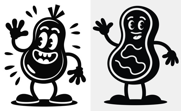 Cartoon sausage and steak characters waving hello, funny food personifications, vector illustration for kids or restaurant.