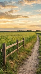 Fototapeta premium Countryside trail alongside wooden fence and lush green crops. Golden hour lighting over agricultural land during sunset.