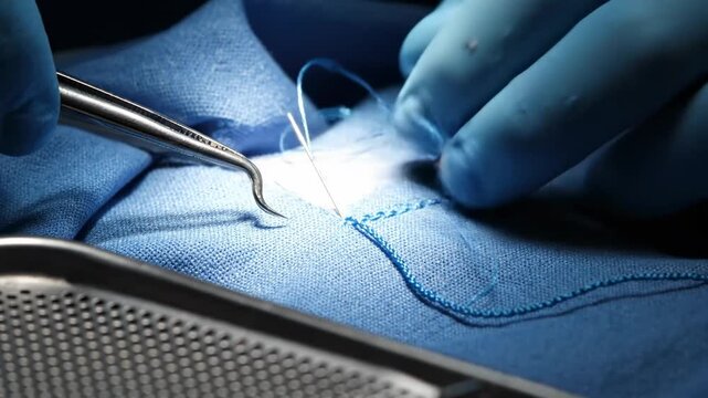 Precise Stitching Surgical Procedure In Blue Tones Showing Professional Medical Techniques
