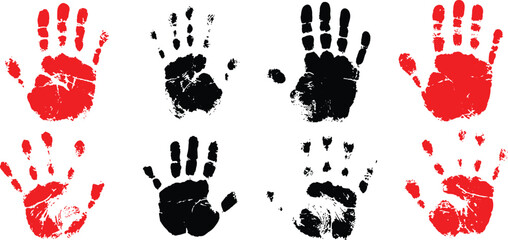 Set of grunge human handprints in black and red colors with distressed ink texture vector illustration. © Song Long