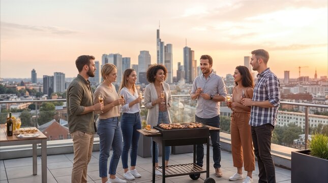 Friends enjoying rooftop barbecue party at sunset. Social gathering with city skyline view in Frankfurt, Germany. Diverse group of people celebrating and grilling food on terrace.