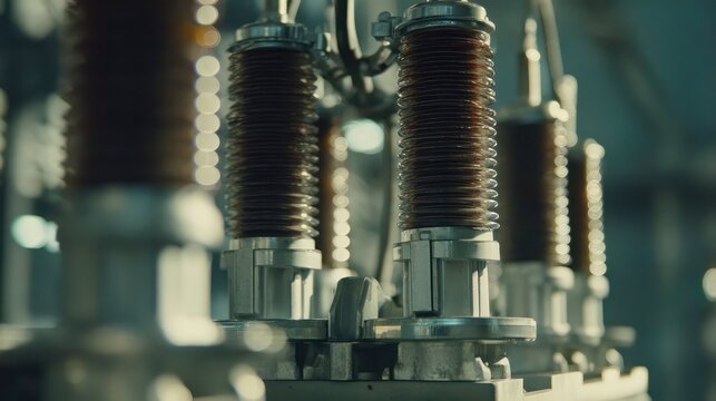 Close up view of industrial high voltage power insulators and components, ensuring electrical current isolation and protecting systems in a production facility