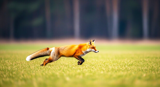 Red fox running across grassy field with trees in background vulpes motion blur wildlife environment predator