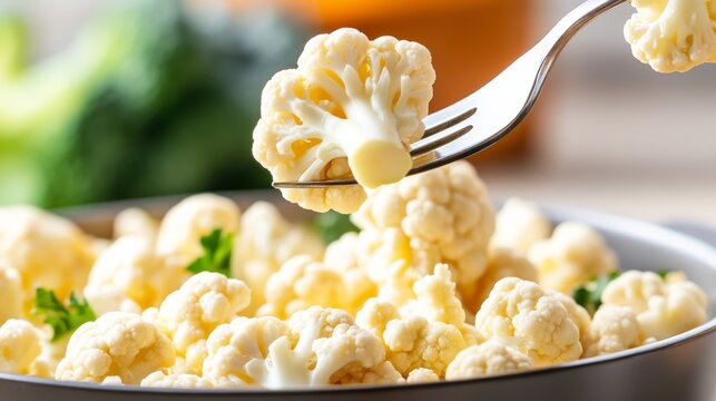 Fresh Cauliflower Florette on Fork Close-up of crisp white florets in a bowl, symbolizing healthy eating, vegan food and nutrition. vegetable, cooking