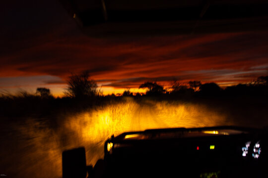 night time safe drive,Family experiencing a mobile safari in the Okavango Delta, Botswana, Africa