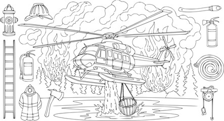 Fototapeta premium Firefighting Helicopter Coloring Page Illustration 